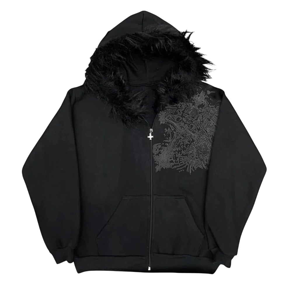 Black Faux Fur Hooded Graphic Zip-Up